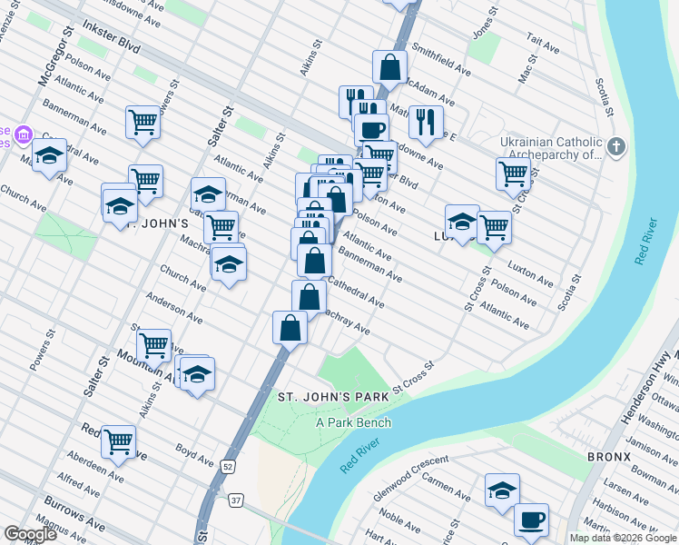 map of restaurants, bars, coffee shops, grocery stores, and more near 191 Cathedral Avenue in Winnipeg
