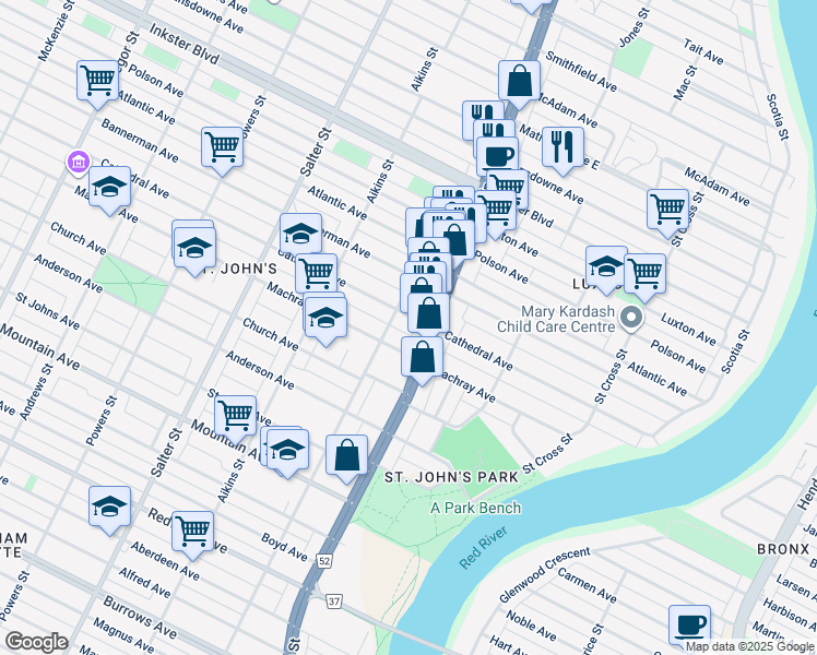 map of restaurants, bars, coffee shops, grocery stores, and more near 232 Cathedral Avenue in Winnipeg