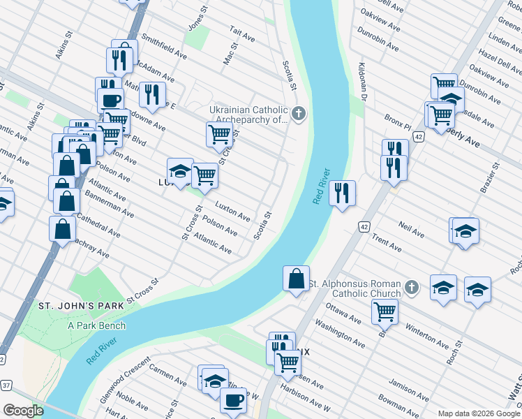 map of restaurants, bars, coffee shops, grocery stores, and more near 116 Scotia Street in Winnipeg