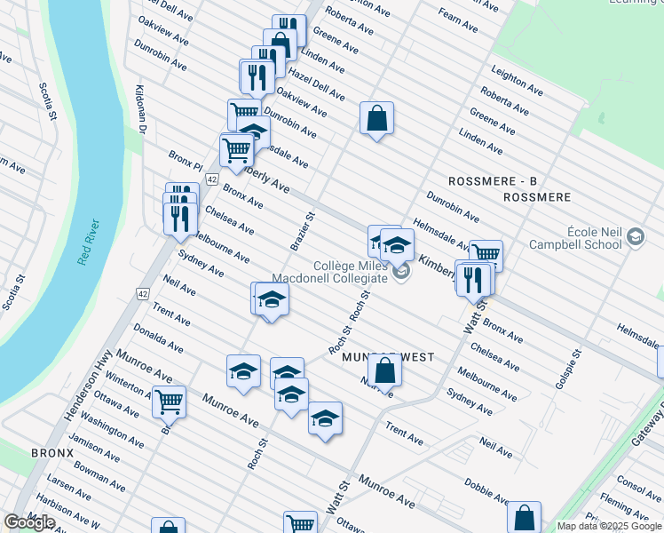 map of restaurants, bars, coffee shops, grocery stores, and more near 345 Chelsea Avenue in Winnipeg