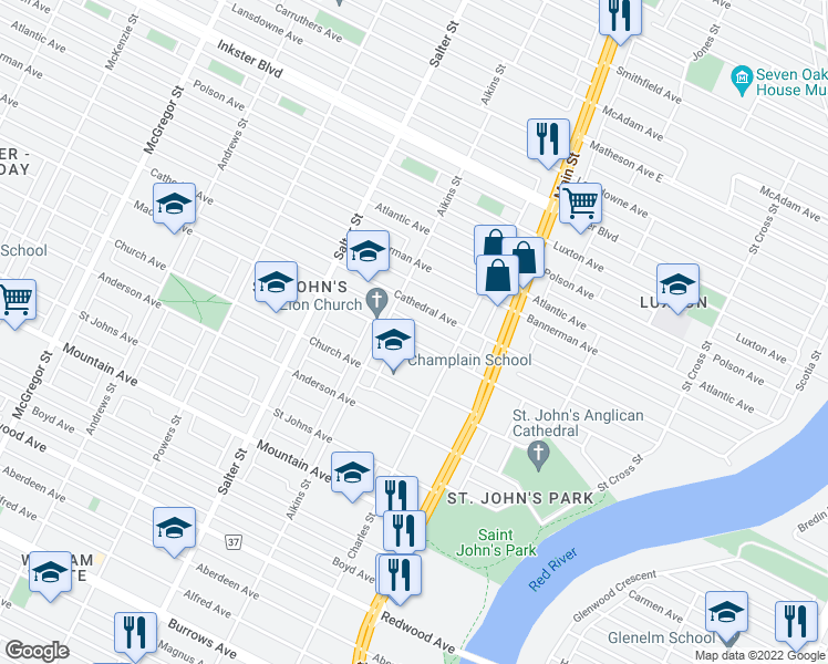 map of restaurants, bars, coffee shops, grocery stores, and more near 277 Machray Avenue in Winnipeg