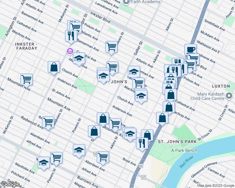 map of restaurants, bars, coffee shops, grocery stores, and more near 467 Salter Street in Winnipeg
