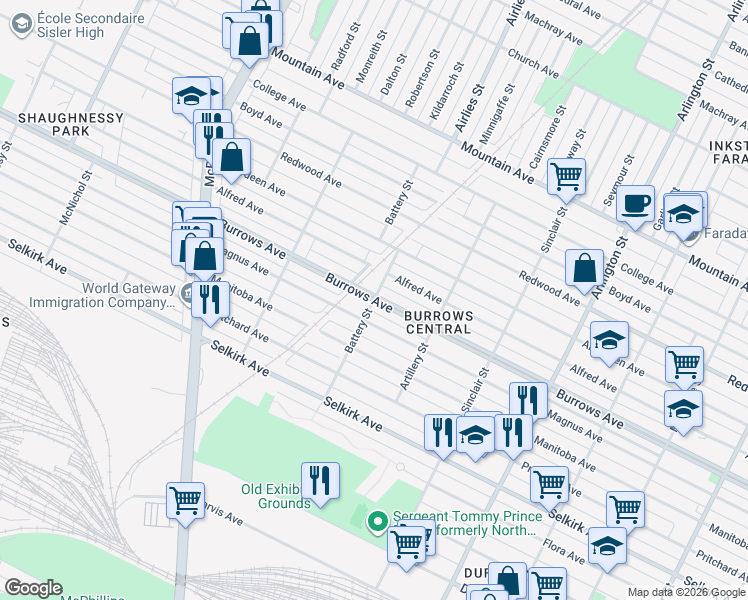 map of restaurants, bars, coffee shops, grocery stores, and more near Burrows Ave & Battery St in Winnipeg