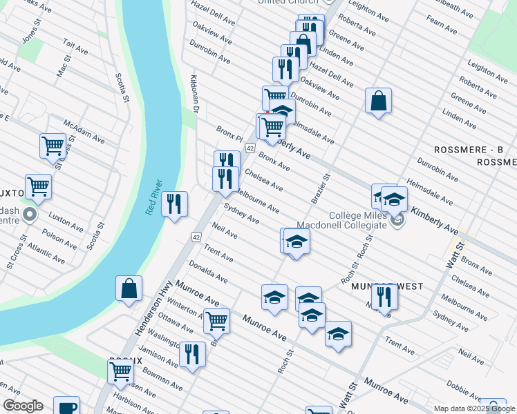 map of restaurants, bars, coffee shops, grocery stores, and more near 240 Melbourne Avenue in Winnipeg