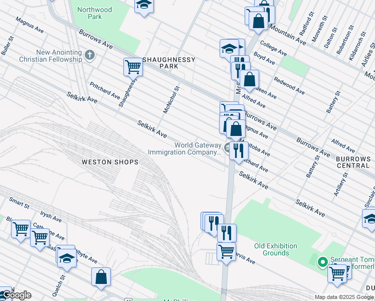 map of restaurants, bars, coffee shops, grocery stores, and more near 1196 Selkirk Avenue in Winnipeg