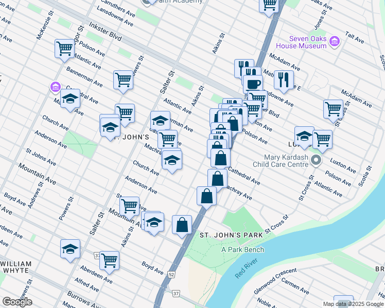 map of restaurants, bars, coffee shops, grocery stores, and more near 258 Cathedral Avenue in Winnipeg