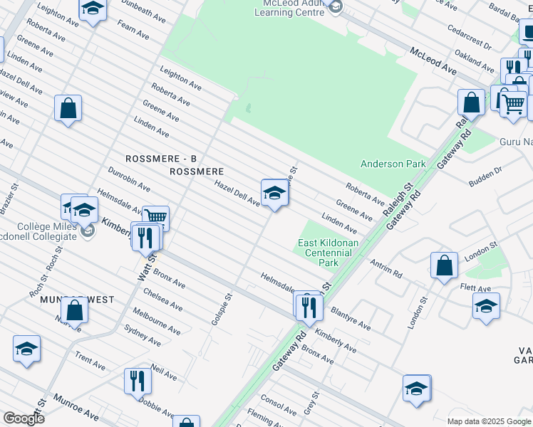 map of restaurants, bars, coffee shops, grocery stores, and more near 588 Hazel Dell Avenue in Winnipeg