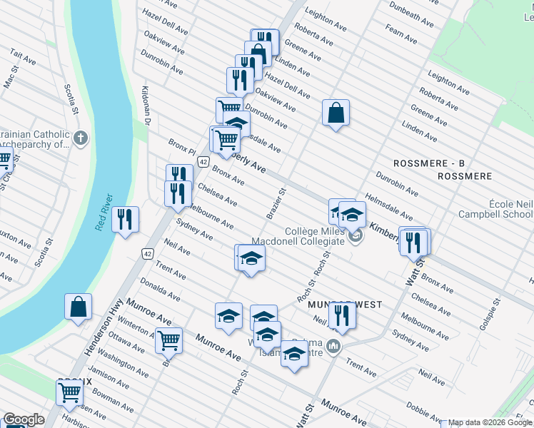 map of restaurants, bars, coffee shops, grocery stores, and more near 299 Chelsea Avenue in Winnipeg