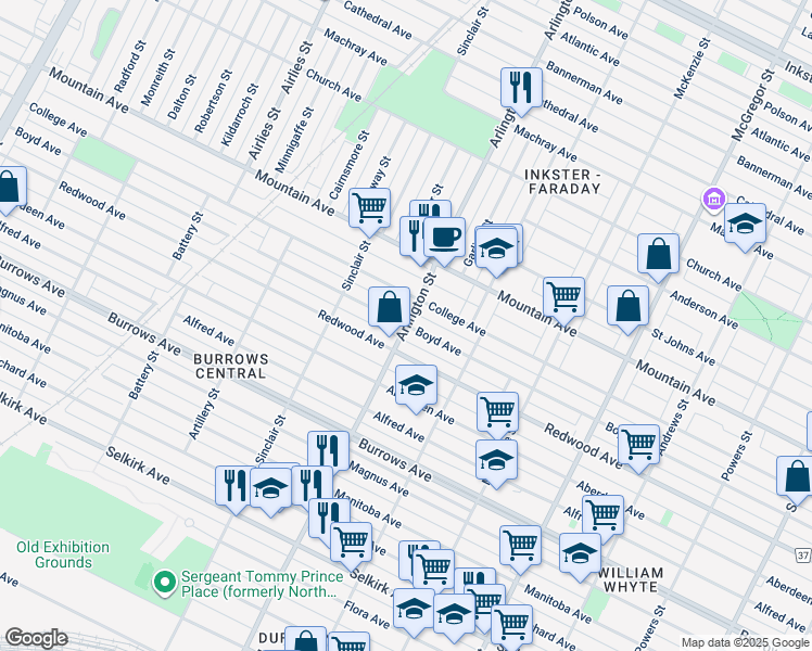 map of restaurants, bars, coffee shops, grocery stores, and more near Boyd Avenue in Winnipeg