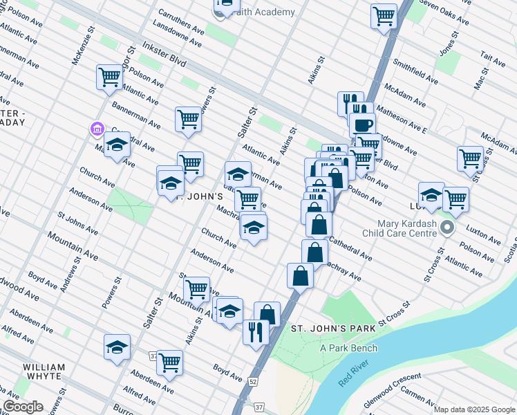 map of restaurants, bars, coffee shops, grocery stores, and more near 277 Machray Avenue in Winnipeg
