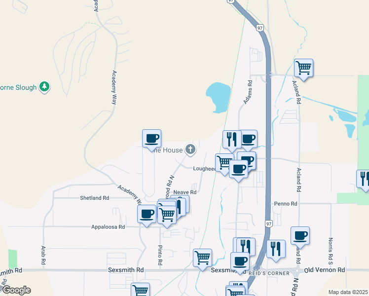 map of restaurants, bars, coffee shops, grocery stores, and more near 210 Lougheed Road in Kelowna
