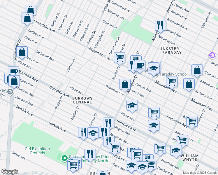 map of restaurants, bars, coffee shops, grocery stores, and more near Redwood Avenue in Winnipeg