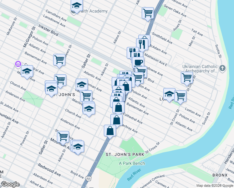 map of restaurants, bars, coffee shops, grocery stores, and more near 555 Charles Street in Winnipeg
