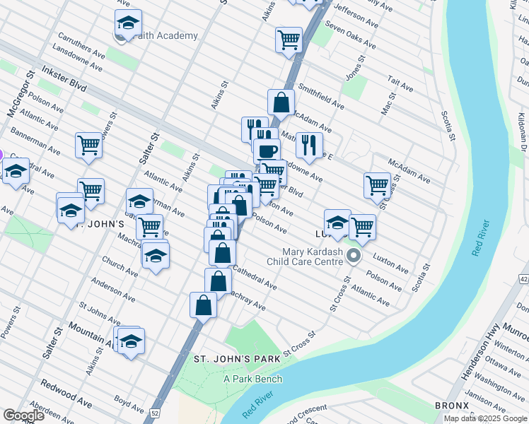 map of restaurants, bars, coffee shops, grocery stores, and more near 1441 Main Street in Winnipeg