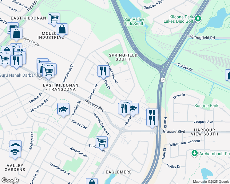 map of restaurants, bars, coffee shops, grocery stores, and more near 195 Red Oak Drive in Winnipeg
