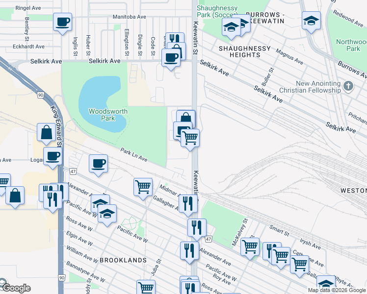 map of restaurants, bars, coffee shops, grocery stores, and more near 350 Keewatin Street in Winnipeg