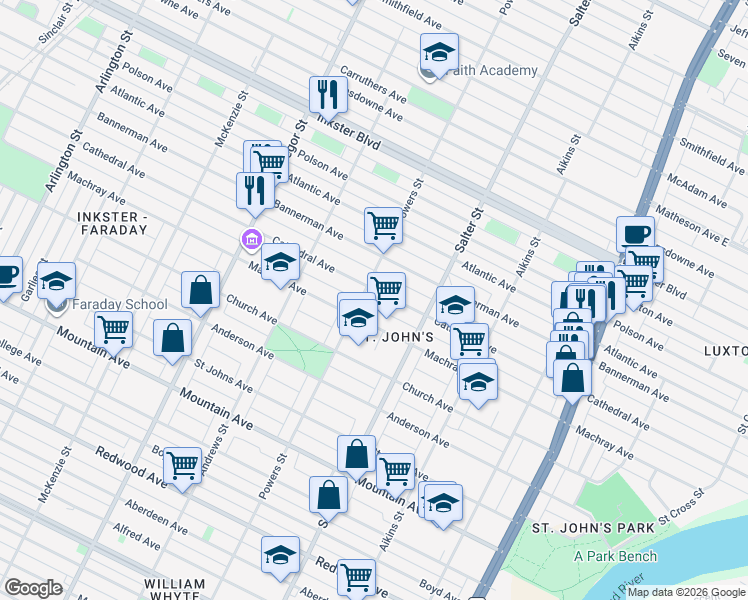 map of restaurants, bars, coffee shops, grocery stores, and more near 408 Cathedral Avenue in Winnipeg