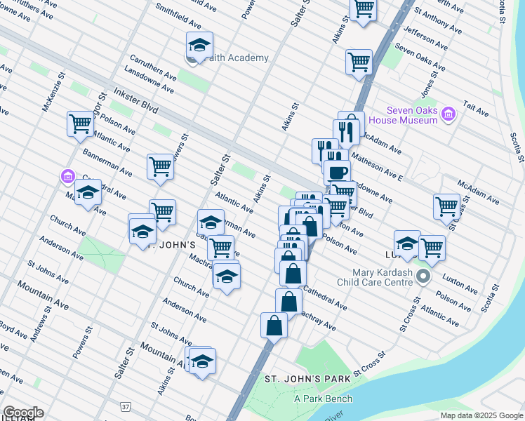 map of restaurants, bars, coffee shops, grocery stores, and more near 273 Atlantic Avenue in Winnipeg