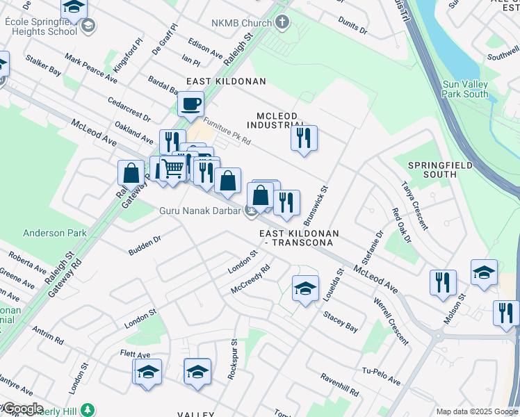 map of restaurants, bars, coffee shops, grocery stores, and more near in Winnipeg