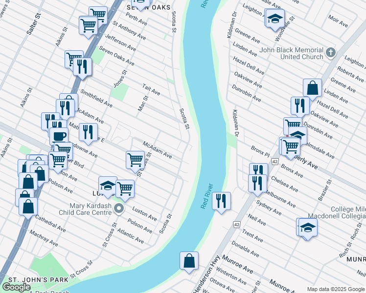 map of restaurants, bars, coffee shops, grocery stores, and more near 234 Scotia Street in Winnipeg