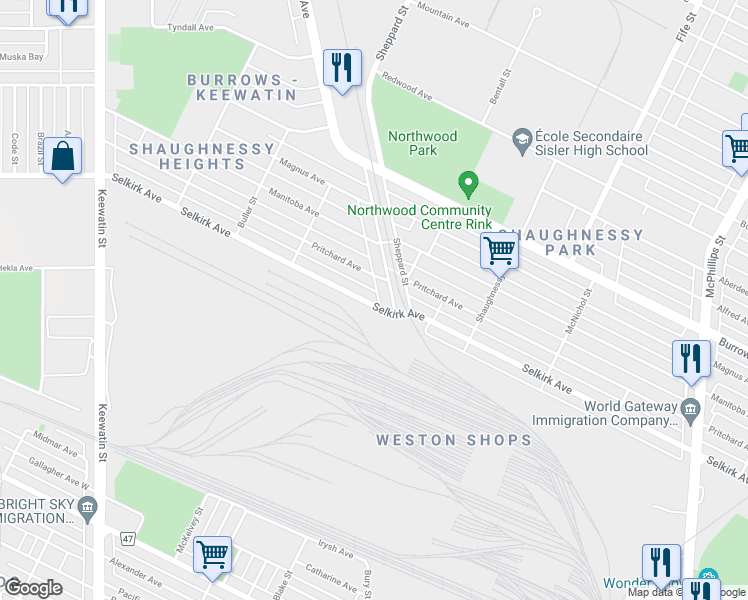 map of restaurants, bars, coffee shops, grocery stores, and more near 1429 Selkirk Avenue in Winnipeg