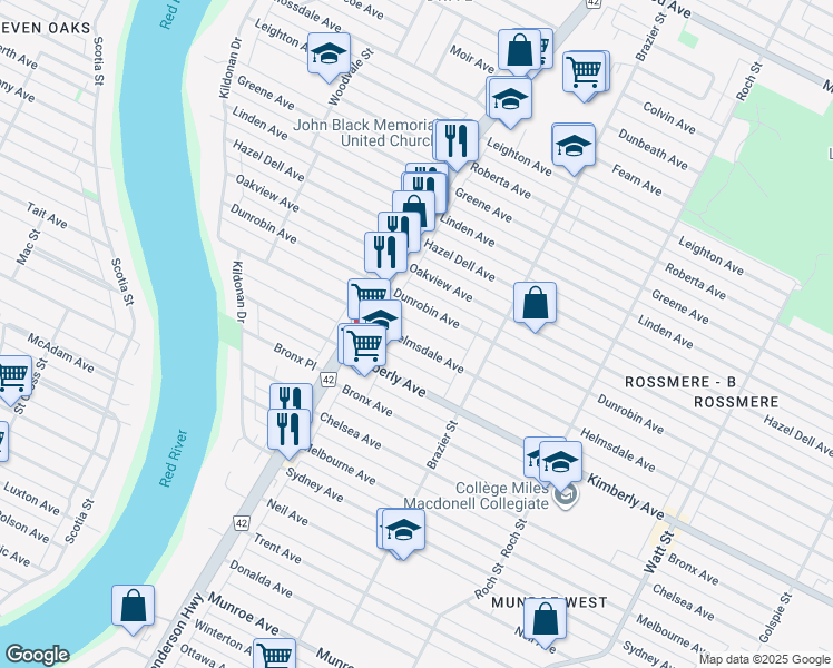 map of restaurants, bars, coffee shops, grocery stores, and more near 251 Helmsdale Avenue in Winnipeg