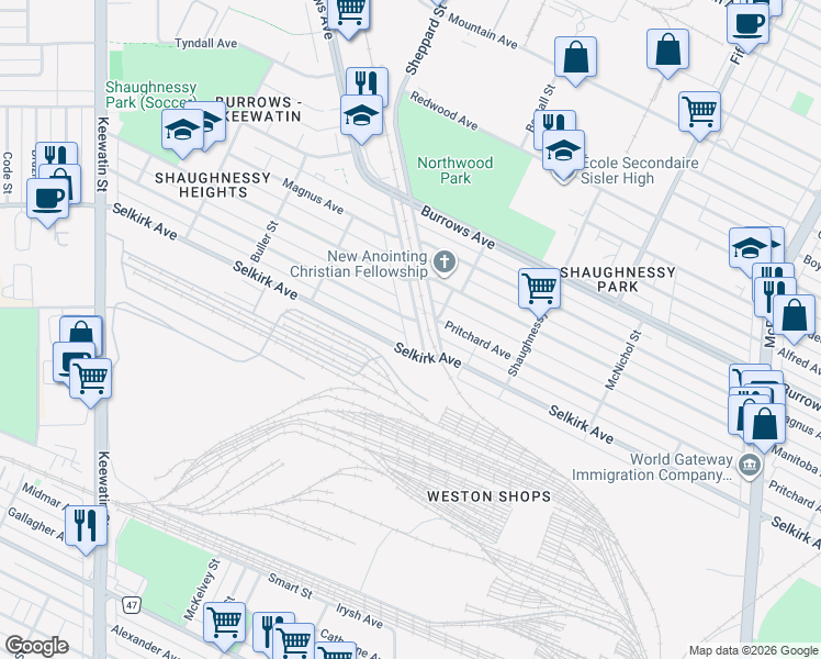 map of restaurants, bars, coffee shops, grocery stores, and more near 1429 Selkirk Avenue in Winnipeg