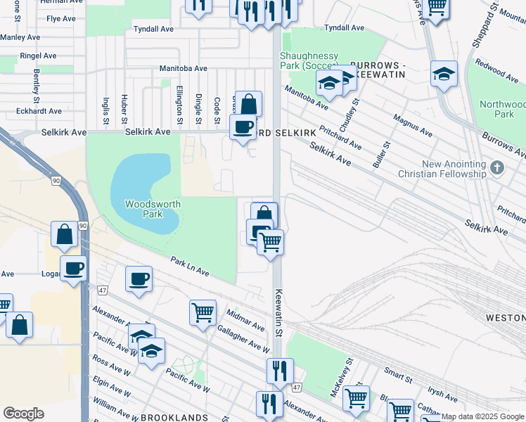 map of restaurants, bars, coffee shops, grocery stores, and more near 370 Keewatin St in Winnipeg