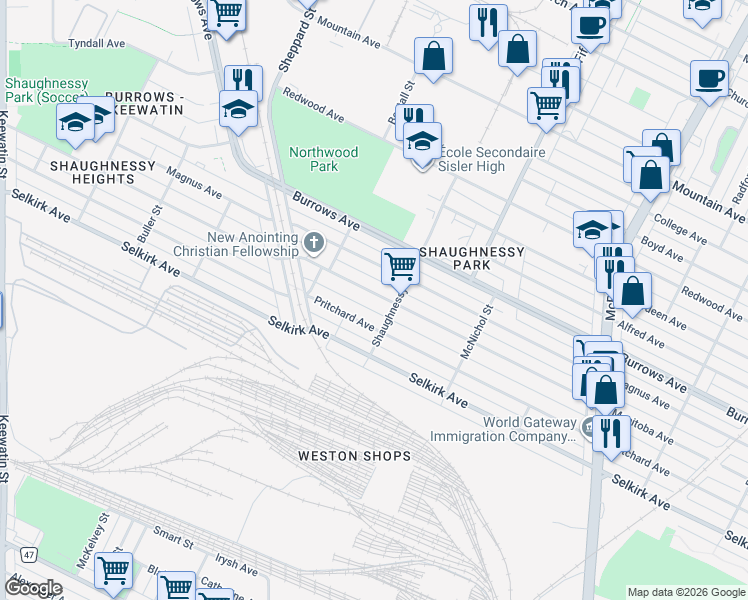 map of restaurants, bars, coffee shops, grocery stores, and more near 1352 Manitoba Avenue in Winnipeg
