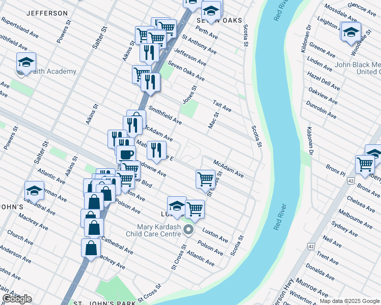 map of restaurants, bars, coffee shops, grocery stores, and more near 108 Smithfield Avenue in Winnipeg