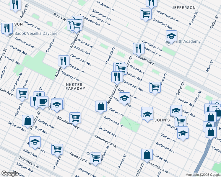 map of restaurants, bars, coffee shops, grocery stores, and more near 589 Cathedral Avenue in Winnipeg