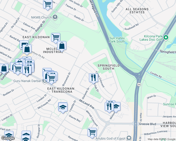 map of restaurants, bars, coffee shops, grocery stores, and more near 63 Red Oak Drive in Winnipeg
