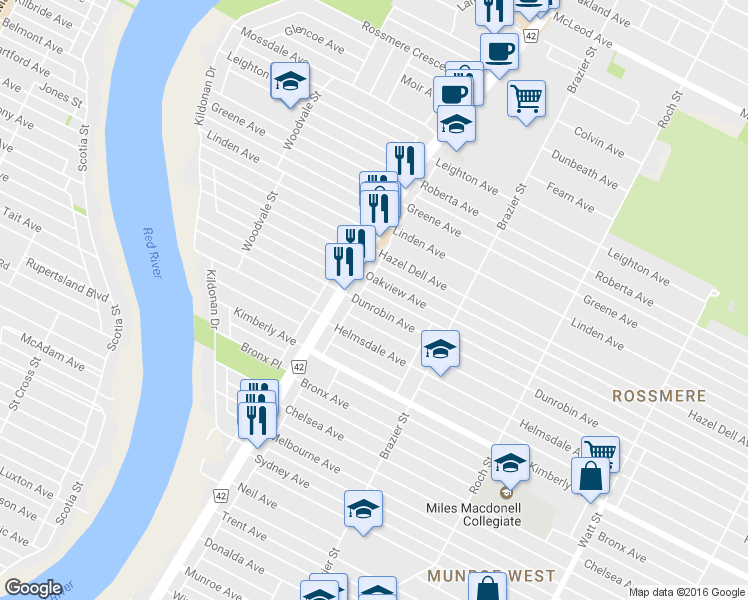 map of restaurants, bars, coffee shops, grocery stores, and more near 217 Dunrobin Avenue in Winnipeg