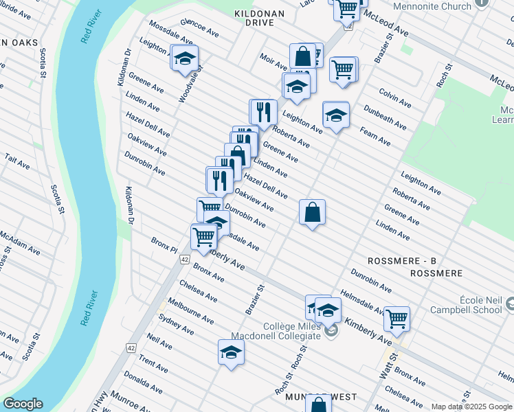 map of restaurants, bars, coffee shops, grocery stores, and more near in Winnipeg