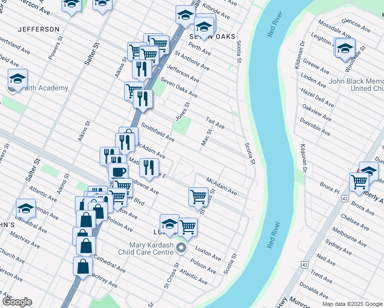 map of restaurants, bars, coffee shops, grocery stores, and more near 108 Smithfield Avenue in Winnipeg