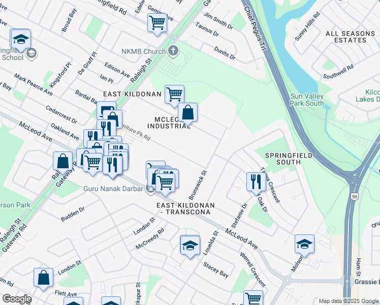 map of restaurants, bars, coffee shops, grocery stores, and more near 40 Furniture Park in Winnipeg