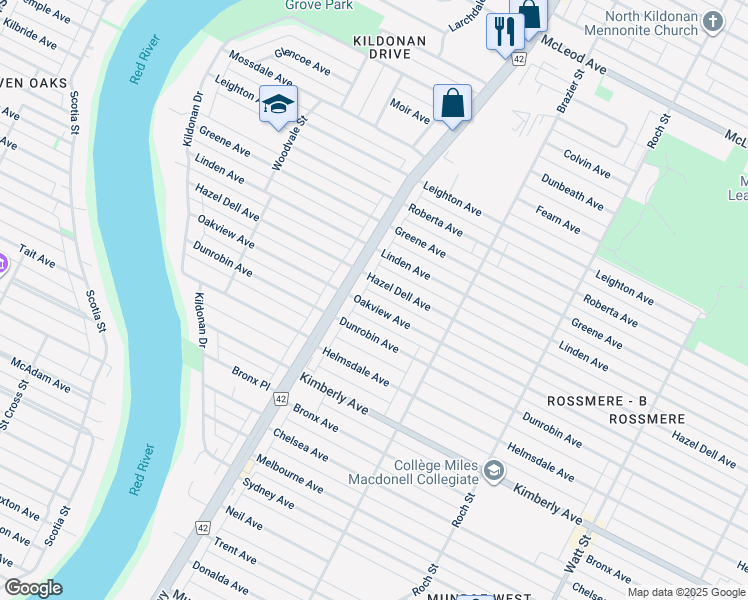 map of restaurants, bars, coffee shops, grocery stores, and more near 217 Dunrobin Avenue in Winnipeg