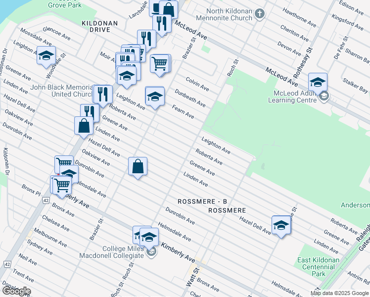 map of restaurants, bars, coffee shops, grocery stores, and more near 388 Roberta Avenue in Winnipeg