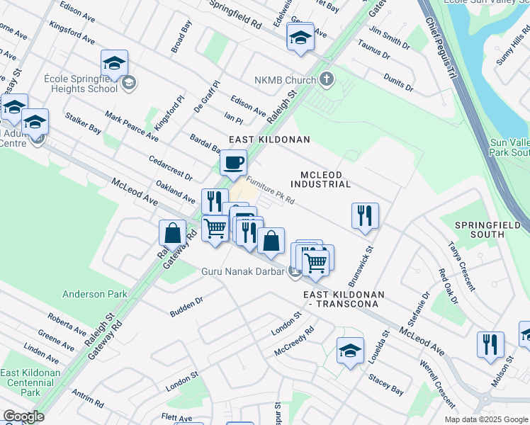 map of restaurants, bars, coffee shops, grocery stores, and more near 40-170 Furniture Park in Winnipeg