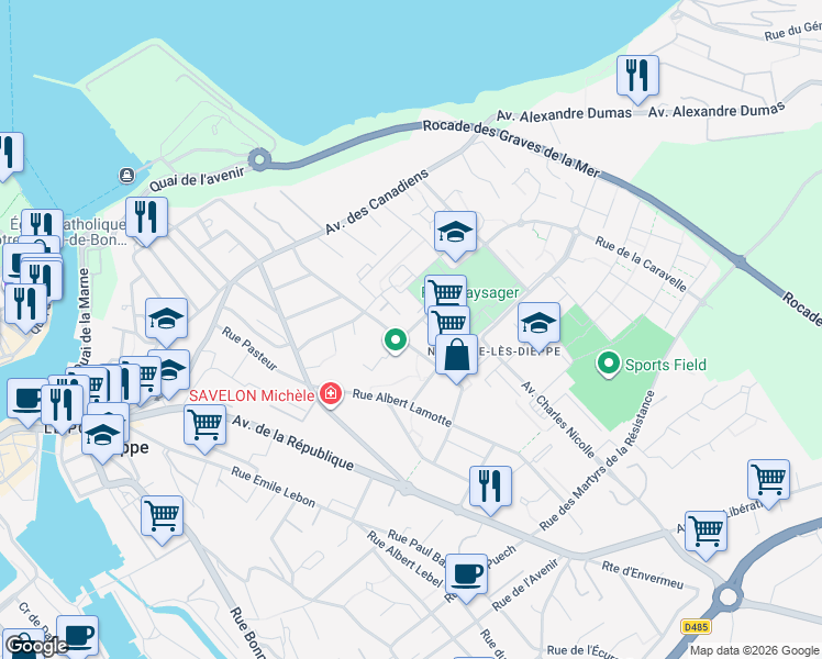 map of restaurants, bars, coffee shops, grocery stores, and more near 100 Rue du Marché in Dieppe