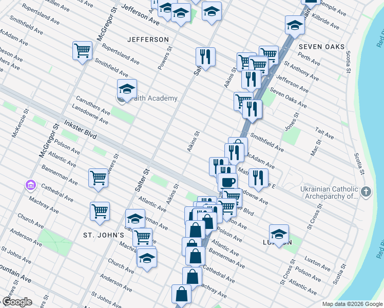 map of restaurants, bars, coffee shops, grocery stores, and more near Aikins Street in Winnipeg