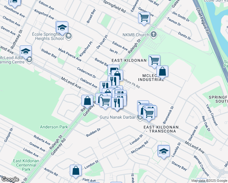 map of restaurants, bars, coffee shops, grocery stores, and more near 1115 Gateway Road in Winnipeg