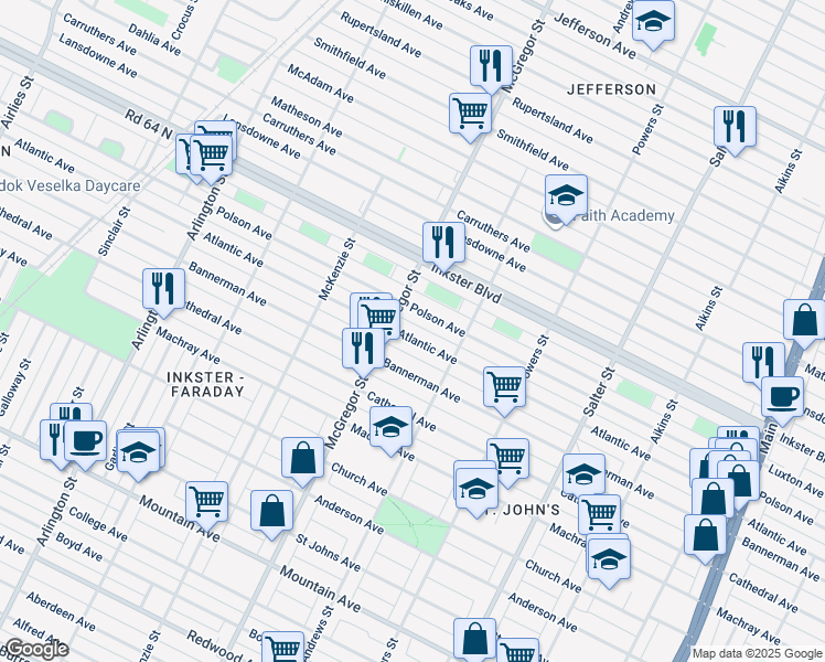 map of restaurants, bars, coffee shops, grocery stores, and more near 511 Atlantic Avenue in Winnipeg