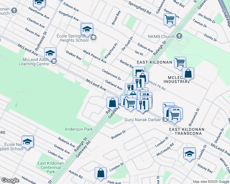 map of restaurants, bars, coffee shops, grocery stores, and more near 749 McLeod Avenue in Winnipeg