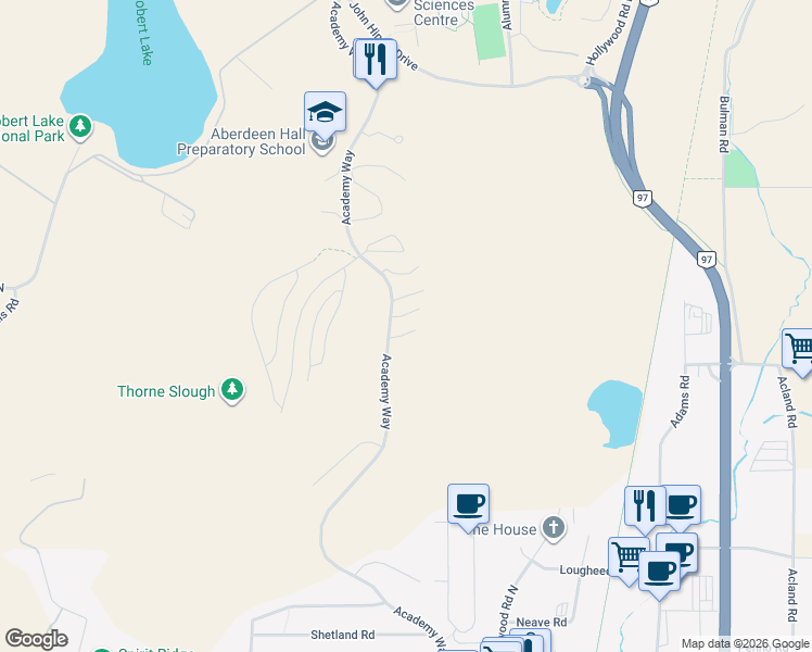 map of restaurants, bars, coffee shops, grocery stores, and more near 655 Academy Way in Kelowna