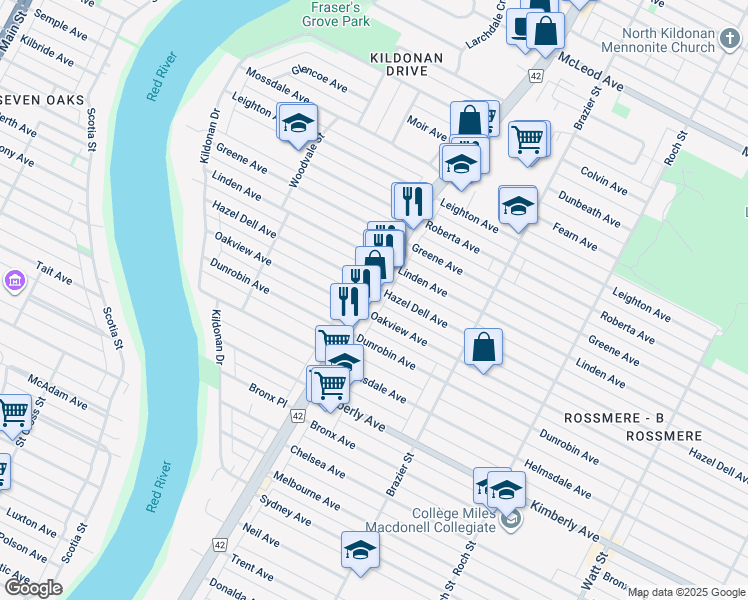 map of restaurants, bars, coffee shops, grocery stores, and more near 835 Route 42 in Winnipeg