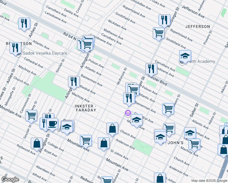 map of restaurants, bars, coffee shops, grocery stores, and more near Bannerman Avenue in Winnipeg