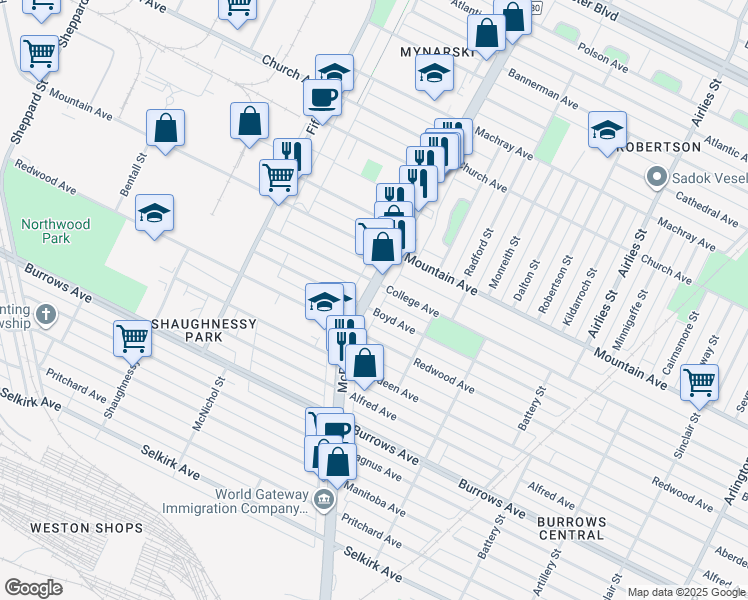 map of restaurants, bars, coffee shops, grocery stores, and more near 971 McPhillips Street in Winnipeg
