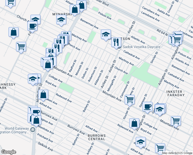 map of restaurants, bars, coffee shops, grocery stores, and more near 428 Kildarroch Street in Winnipeg