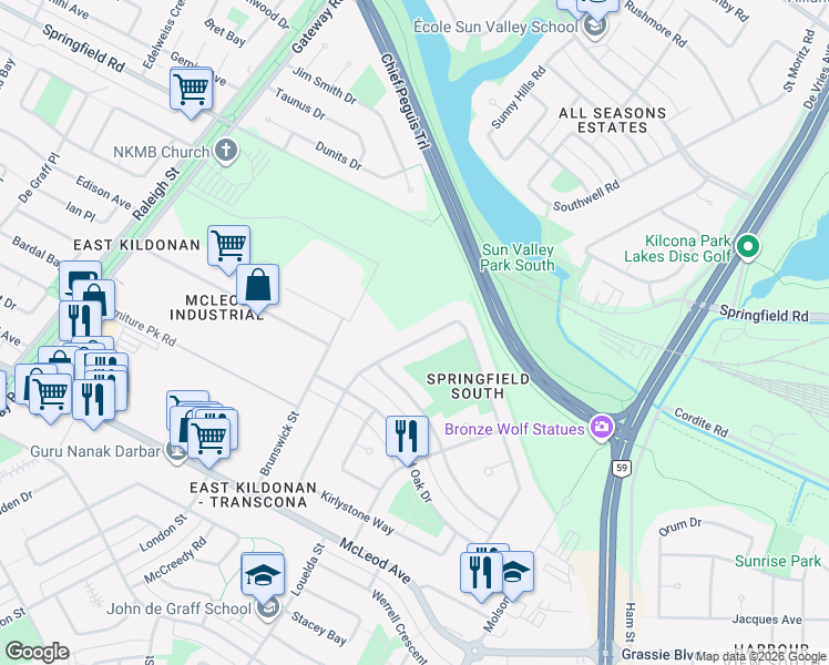 map of restaurants, bars, coffee shops, grocery stores, and more near 54 Mahonee Drive in Winnipeg